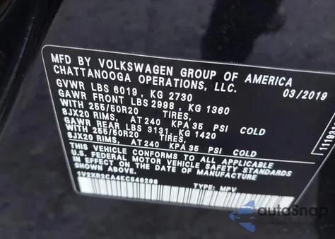 2019 Volkswagen Atlas 3.6L V6 Se W/Technology R-Line из США, поврежденный, VIN 1V2XR2CA4KC549298